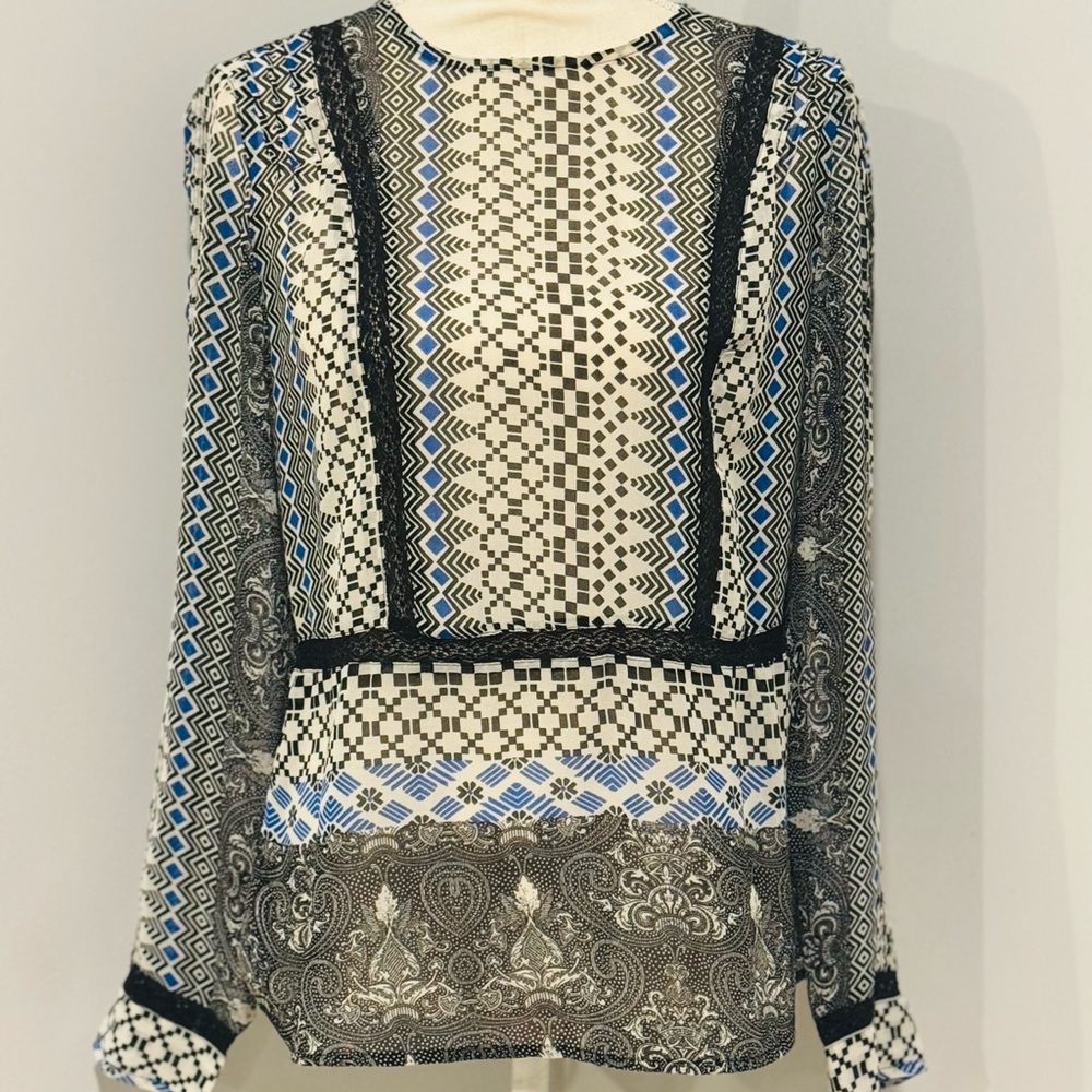 Vintage America Black and Blue Geometric Blouse
